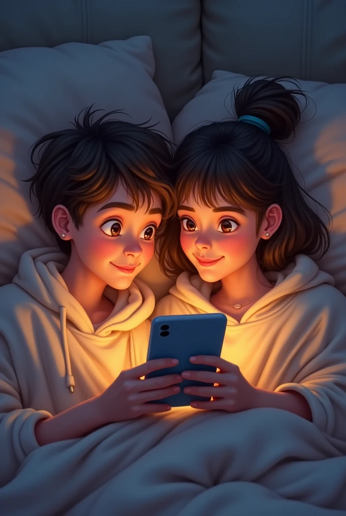 Online chatting a boy with a girl under a blanket