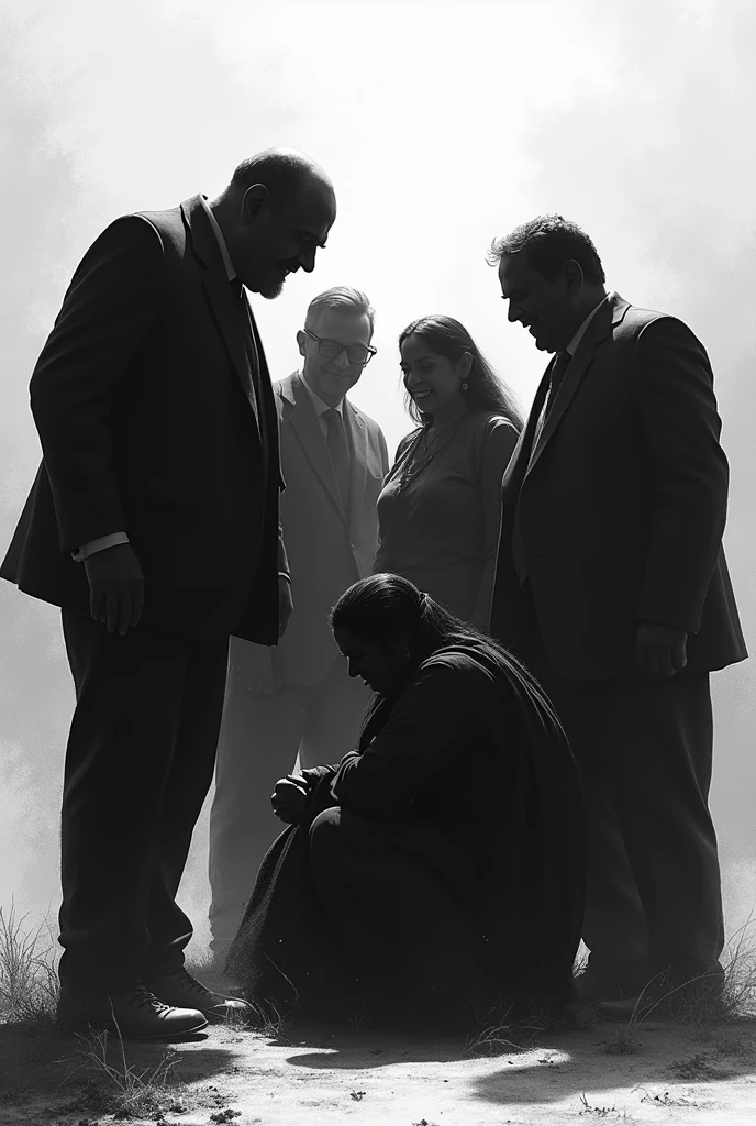 Black and white  shadow image Some group of rich men showing money power and  make laugh of a depressed indian woman 