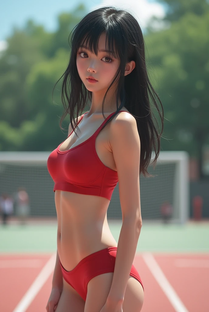 ((highest quality)), ((masterpiece)), (latex, lycra), Perfect Face,Japanese, , Girl, cute,Primary school students,Private elementary school, Gym suit, Bloomers, Schoolyard,Athletic bloomers, sensual any pose, nsfw, cara sensual pechos medianos ropa ajustada al cuerpo sensual