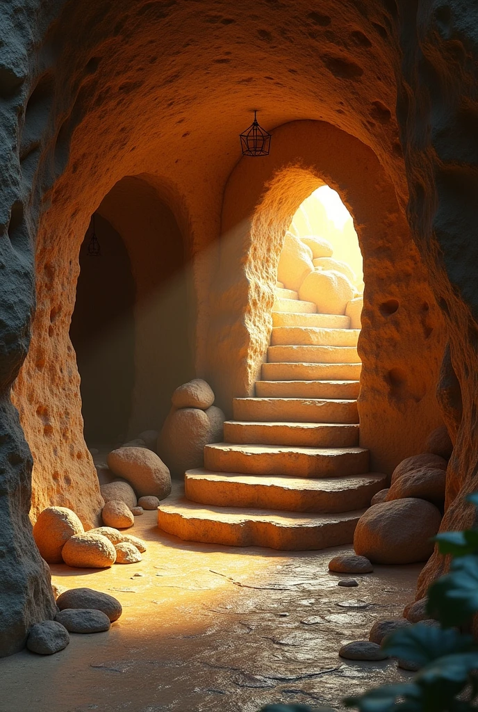 Original style,Cave interior,warm color,Two stone steps