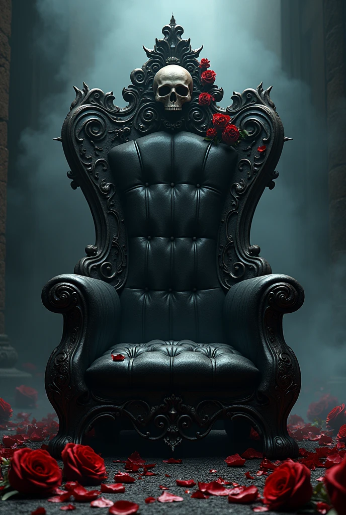 Unreal and dark throne, with skulls and red roses with thorns around for a powerful woman in the mafia world and that the throne is empty 