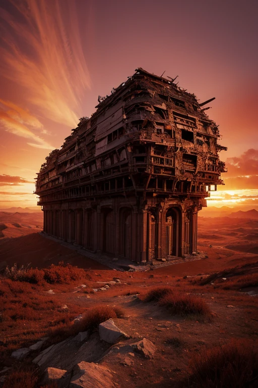 Highest quality、masterpiece、Desolate Earth、wreckage、Red Sky、Surrealism