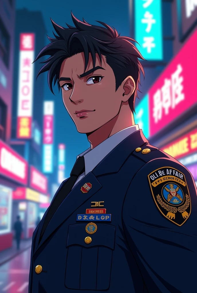 Canadian-Thai male, black hair, police uniform, handsome, anime