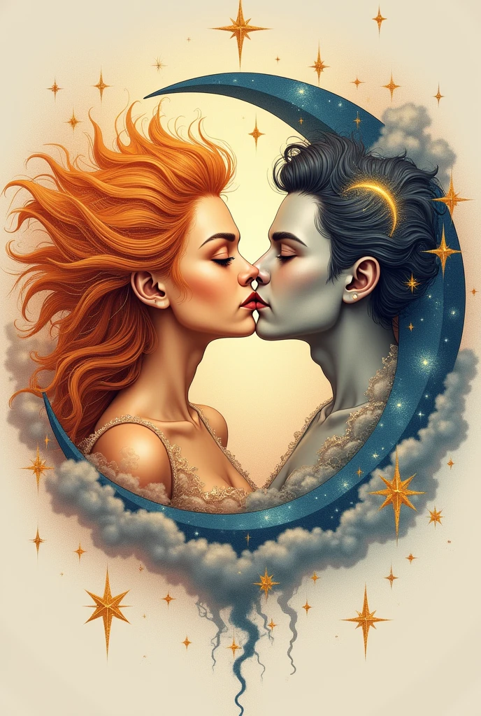 Here’s a detailed prompt for a tattoo design featuring a female sun and a male moon in a French kiss:

"Create a tattoo design where the sun is portrayed as a radiant female figure, with warm, flowing rays like hair, and a gentle, glowing face. The moon, depicted as a handsome male figure, should have a cool, silvery complexion, with a crescent shape framing his face. They are sharing a passionate French kiss, their faces close, lips gently touching, with an expression of deep love and connection. Surround them with subtle celestial elements like twinkling stars and soft clouds, enhancing the romantic and cosmic theme of the design."