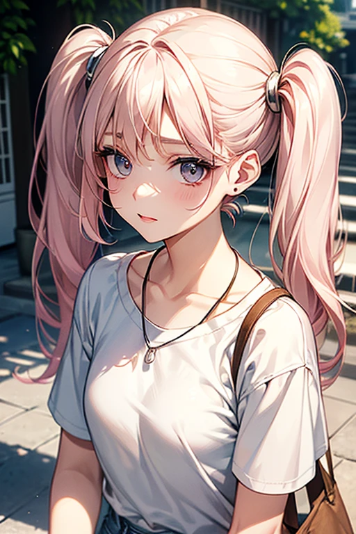 High-quality, ultra-realistic portraits。She has a face that is both cute and pure.、((It has a rounded and gentle contour))。(Eyes are large、Her clear eyes are distinctive、The nose is small and well-formed。Lips in natural color、Modest thickness)。The skin is transparent、Has a healthy glow。Makeup is natural、She uses thin foundation and subtle lip color.。(Light pink hair、Twin tails)、clothing:
- White cotton T-shirt
- Denim shorts
- White sneakers
Accessories:
- A simple silver necklace - Small silver stud earrings - Beige canvas tote bag background:
Cafe terrace in the city、Bright sunshine。The lighting is soft and natural.、Accentuating facial features、Does not emphasize shadows。