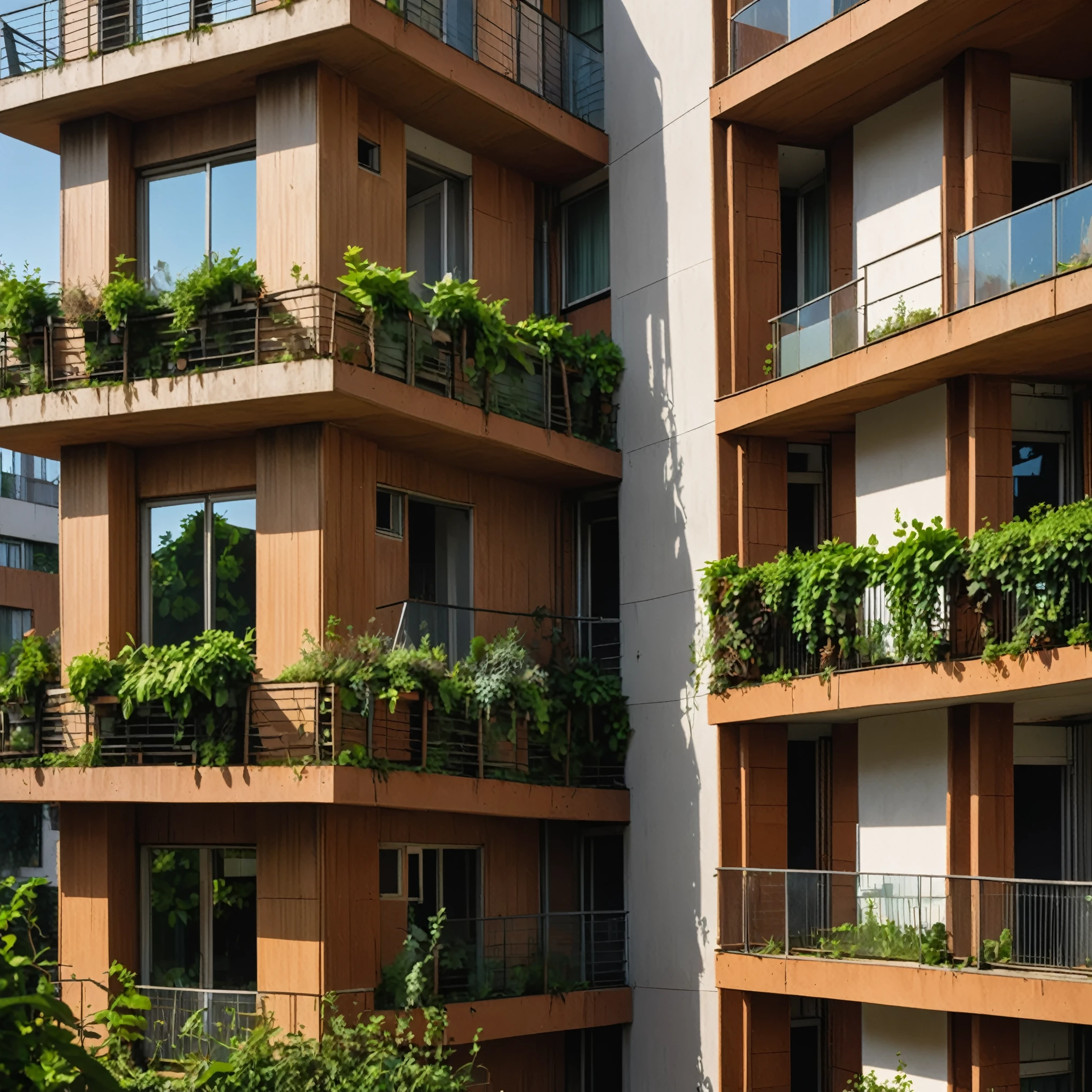 arafed apartment building with balconies and plants on balconies, plants on balconies, crenellated balconies, balconies, Resilient Architecture, empty buildings with vegetation, green architecture, organic buildings, Plant architecture, Skyscrapers with greenery, Residential complex made of pipes, nature meets architecture, elaborate latticed balconies