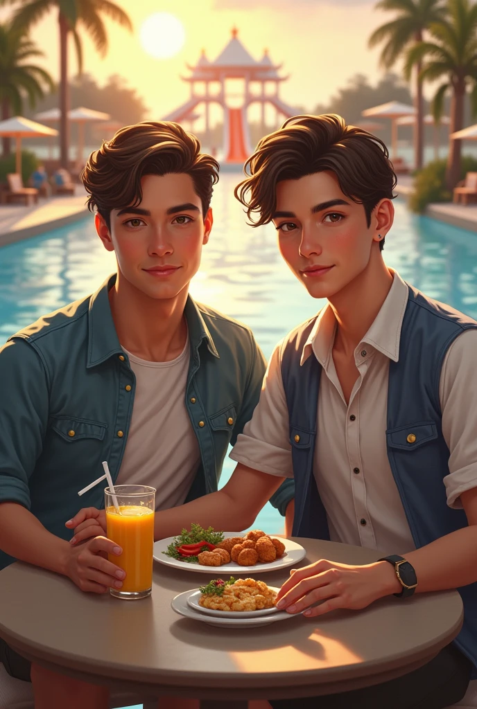 A realistic portrait of two stylish young man sitting on dyning table having their lunch with fair skin with soft smile, high resolution, ulta hd, focus on details behind the seen water park with low light sun reflection.,