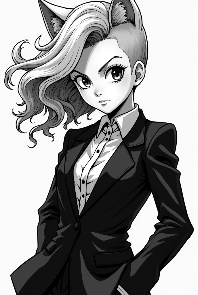 Beautiful girl with wavy hair, wolf cut, drawn in jojos bizzaire adventure style, black and white. Girl is wearing a suit