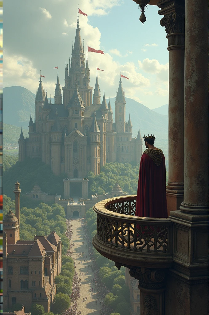 A regal palace with a distressed king looking at his troubled kingdom from the balcony.