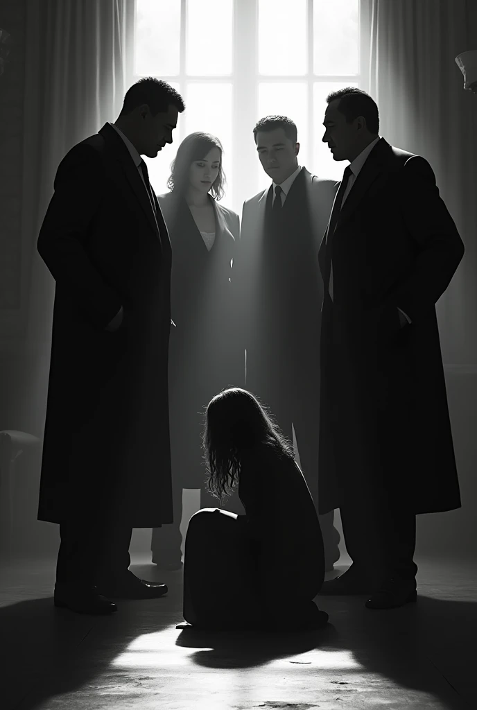 Black and white  shadow image Some group of rich men showing money power and  make laugh of a depressed girls