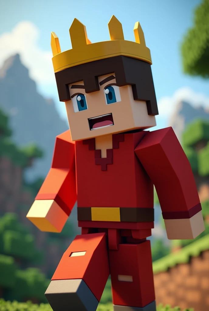 Creat a thumbnail for minectraft survival series and add a minecraft boy wearing red vlothes and a crown an make it a thumbnail of livestream