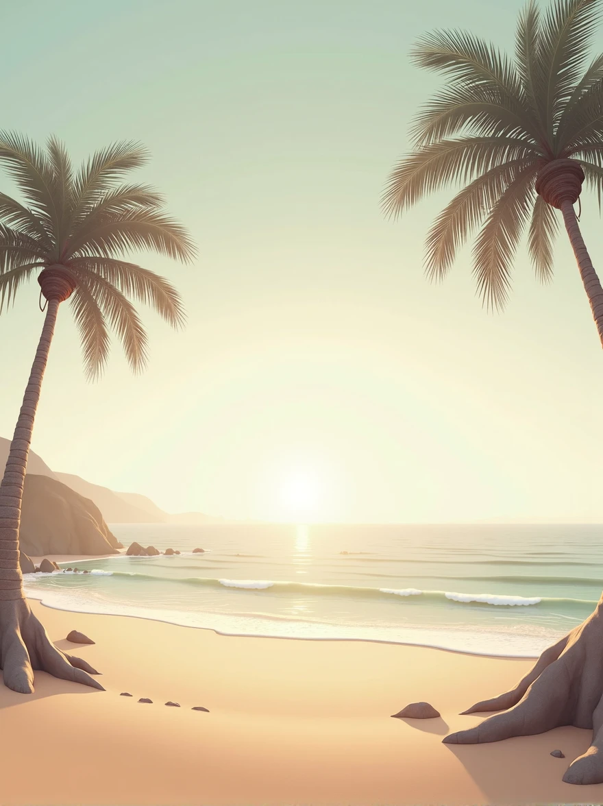 create a realistic image of a minimalist landscape of a deserted beach, the predominant colors should be brown, beige and peach. It should have palm trees and sea waves. The proportion should be 16:9