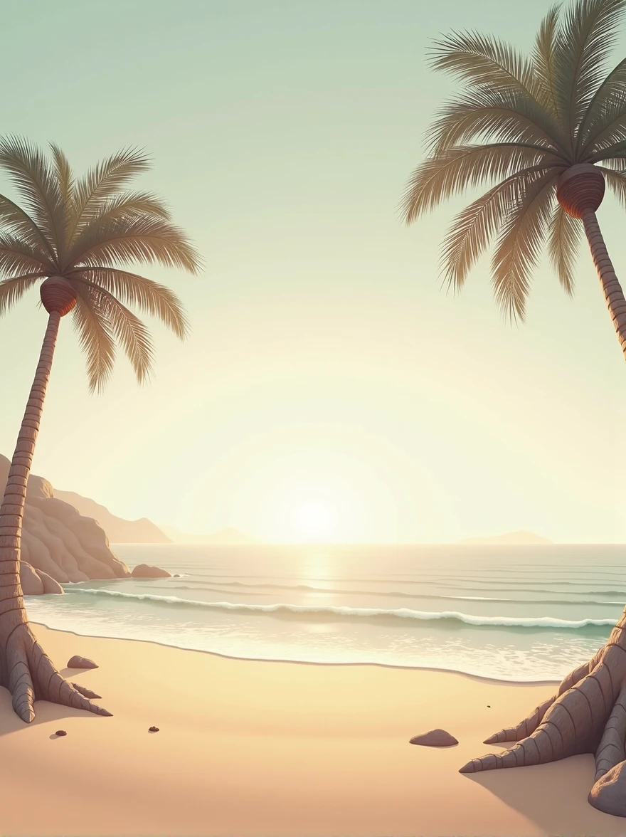 create a realistic image of a minimalist landscape of a deserted beach, the predominant colors should be brown, beige and peach. It should have palm trees and sea waves. The proportion should be 16:9