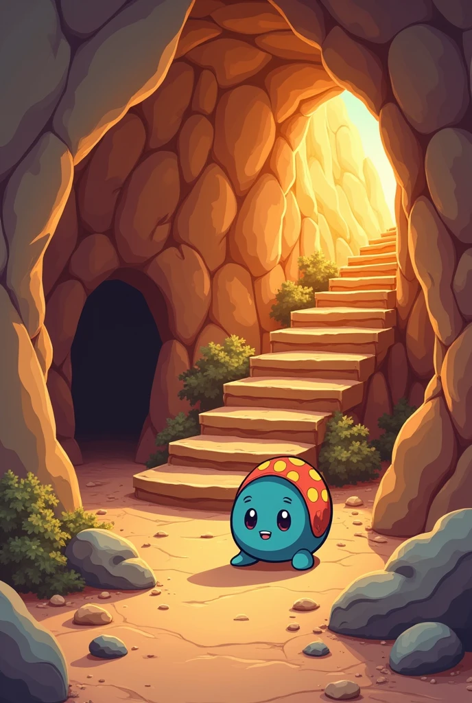 Q version cartoon，Original style，Cave interior，warm color，A large stone staircase