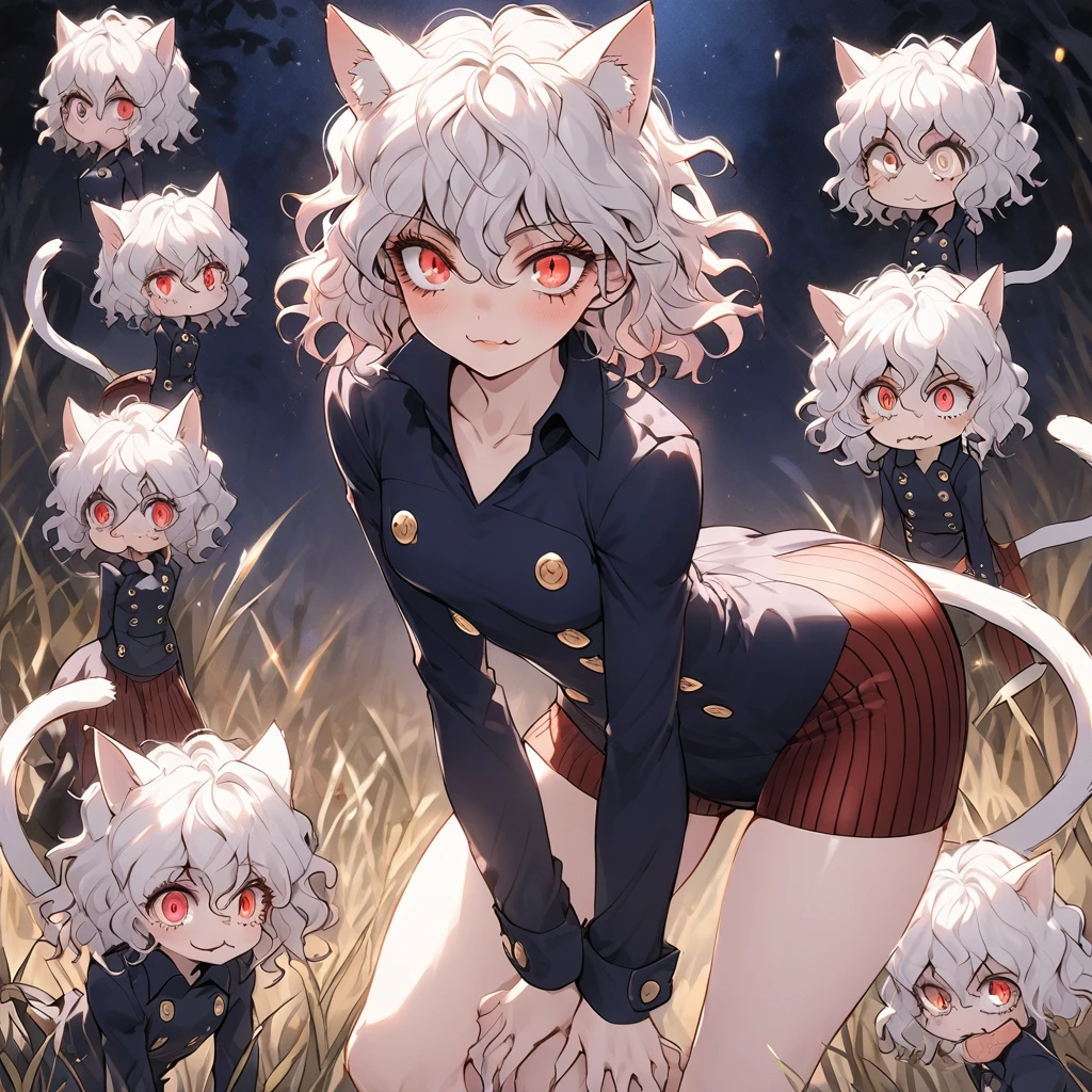 1girl, neferpitou, short hair, red eyes, animal ears, tail, white hair, cat ears, cat tail, curly hair, long sleeves, shorts, model's expressiion, silver hair, short and curly hair, cat ears, red eyes, large pupils, double eyelids, slender eyebrows, long eyelashes, small nose, small mouth, sharp jawline, blue military-style coat, six gold buttons, short red striped skirt, high collar, long sleeves, slender wrists, flexible fingers, white skin, cat-like claws, red striped knee-high socks, blue shoes, sturdy soles, slender ankles, small feet, long legs, muscular thighs, thin waist, wide shoulders, cat-like gaze, long neck, straight shoulder line, straight back, muscular arms, long fingers, firm upper arms, soft hands, small palms, cat-like smile, serious furrowed brows, pointed ears, pink inside of ears, thin eyelids, upward curled eyelashes, vertical slit pupils, cat whisker-like cheek markings, many lower eyelashes, small nostrils, thin lips, pointed chin, protruding collarbones, straight posture, high hips, muscular thighs, pointed knees, well-fitted socks, neatly tied shoelaces, soft cat ears, rounded ear tips, soft fluffy hair, thin eyebrows, light pink lips, white teeth, well-shaped lips, smooth skin, sensitive ears, reflective pupils, heavy eyelids, slightly curved cat ears, well-fitted coat, wide skirt hem, shining buttons, slightly old shoes, hair waving in wind, sparkling pupils, moving cat ears, nighttime forest background, moonlight, starry night sky, G-cup chest, cocky cat-like expression, thick glossy thighs and hips, detailed texture of hair and clothing, light and shadow contrast, background details including swaying grass and old building, specific lighting conditions with moonlight casting shadows, detailed coloration of outfit with deep blue and red stripes, intricate design of buttons, and emotional depth in expressions showing defiance, joy, and determination.