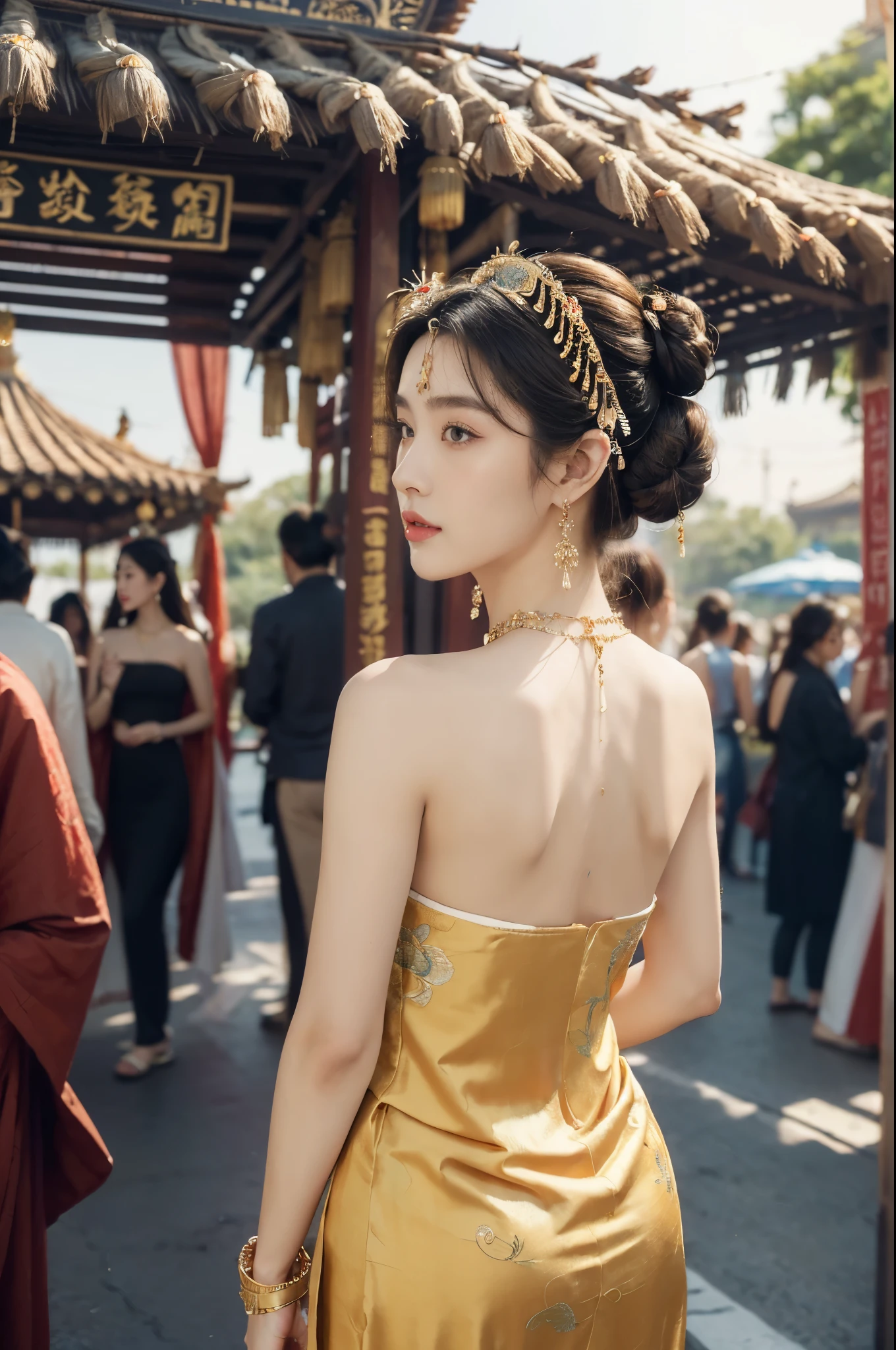 (((best quality))),(((ultra detailed))),(((masterpiece))),illustration,
((1 beautiful young girl,solo)),(bun hair:1.2)((slim,thin)),((small breasts,flat chest)),attractive, traditional Chinese attire,(Gorgeous and intricate headdress:1.3),((earrings,intricate necklace)),(strapless Exquisite embroidered maxi sleeveless sparkled dress:1.3),(standing:1.3),vibrant patterns, radiant complexion, joyful expression,(temple fair:1.3), bustling atmosphere, summer afternoon, sunny weather, cultural festival, street food, roasted skewers, steaming dumplings, sweet cotton candy, stalls, crafts, clothing, appreciative onlookers, sunset, ancient tradition, modern beauty, captivating scene, enchanting,(day scene:1.2),(surrounded by crowded crowds:1.3),((from back,upper body))