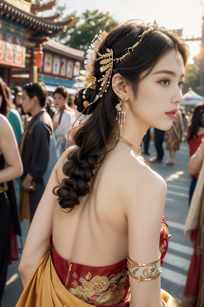 (((best quality))),(((ultra detailed))),(((masterpiece))),illustration,
((1 beautiful young girl,solo)),(bun hair:1.2)((slim,thin)),((small breasts,flat chest)),attractive, traditional Chinese attire,(Gorgeous and intricate headdress:1.3),((earrings,intricate necklace)),(strapless Exquisite embroidered maxi sleeveless sparkled dress:1.3),(standing:1.3),vibrant patterns, radiant complexion, joyful expression,(temple fair:1.3), bustling atmosphere, summer afternoon, sunny weather, cultural festival, street food, roasted skewers, steaming dumplings, sweet cotton candy, stalls, crafts, clothing, appreciative onlookers, sunset, ancient tradition, modern beauty, captivating scene, enchanting,(day scene:1.2),(surrounded by crowded crowds:1.3),((from back,upper body))