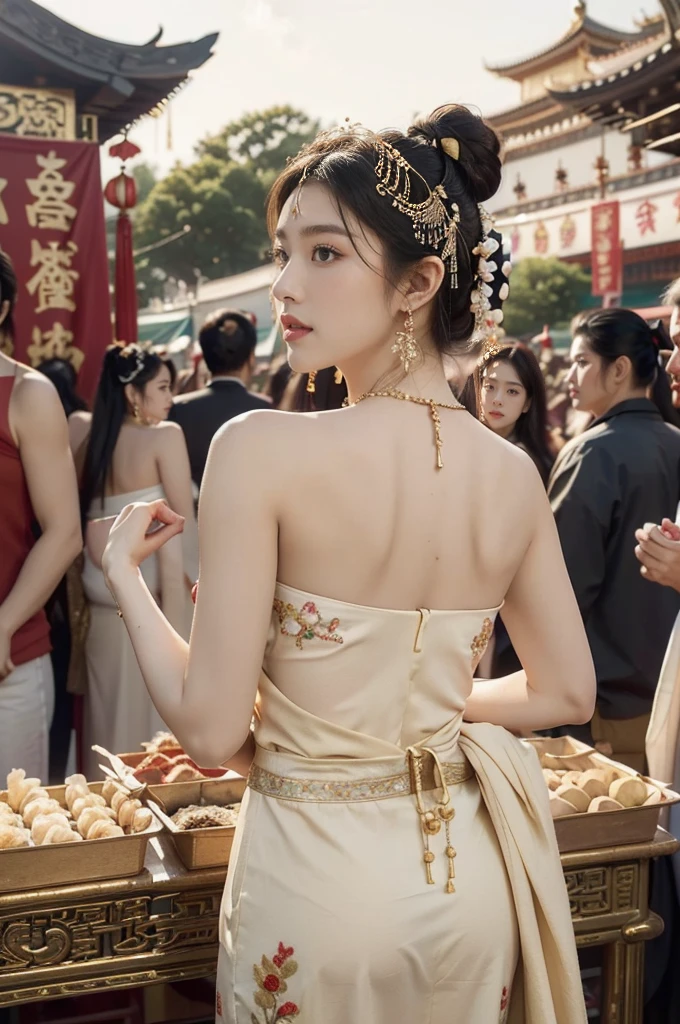 (((best quality))),(((ultra detailed))),(((masterpiece))),illustration,
((1 beautiful young girl,solo)),(bun hair:1.2)((slim,thin)),((small breasts,flat chest)),attractive, traditional Chinese attire,(Gorgeous and intricate headdress:1.3),((earrings,intricate necklace)),(strapless Exquisite embroidered maxi sleeveless sparkled dress:1.3),(standing:1.3),vibrant patterns, radiant complexion, joyful expression,(temple fair:1.3), bustling atmosphere, summer afternoon, sunny weather, cultural festival, street food, roasted skewers, steaming dumplings, sweet cotton candy, stalls, crafts, clothing, appreciative onlookers, sunset, ancient tradition, modern beauty, captivating scene, enchanting,(day scene:1.2),(surrounded by crowded crowds:1.3),((from back,upper body))