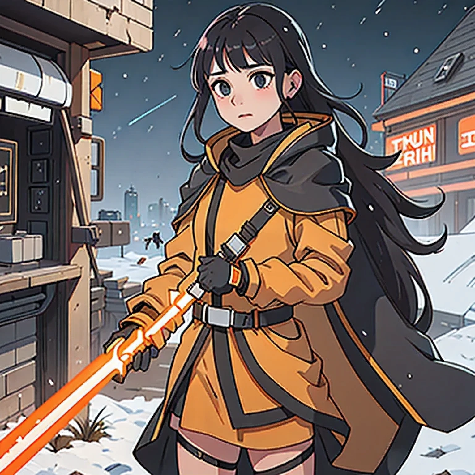 Black gold silk cyberpunk mine snow light orange rough linen cloak Trump lightsaber space floating 1:6 Miniatures,illustration