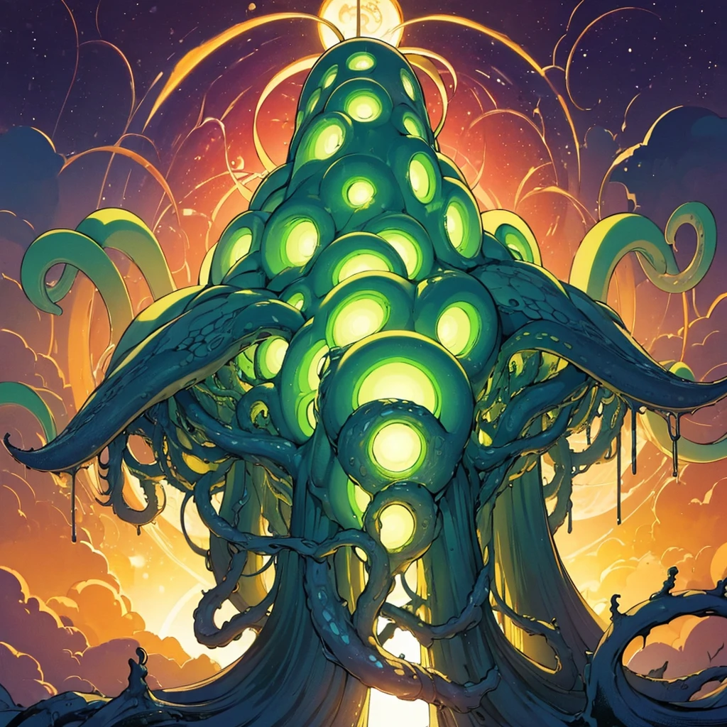 ((((No humans))))、(An alien tentacle creature with tentacles branching out from a central body with a single large eye)、From below 、From the back、The magic of light、early、Blitzkrieg Magic