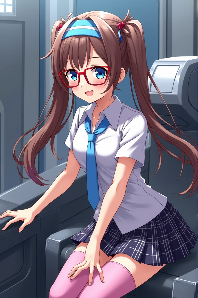 Mari Makinami、Long Hair、Brown Hair、Twin tails、(ローTwin tails:1.5)、Headband、青Headband、blue eyes、(Parted bangs:1.5)、
skirt、Thigh-high socks、school uniform、pantyhose、tie、Plaid、Plaidskirt、shirt、白shirt、襟付きshirt、Short sleeve、Glasses、不透明Glasses、
Bodysuits、Mecha、sf、赤縁Glasses、Pilot Suit、Plug Suit、ピンクのBodysuits、