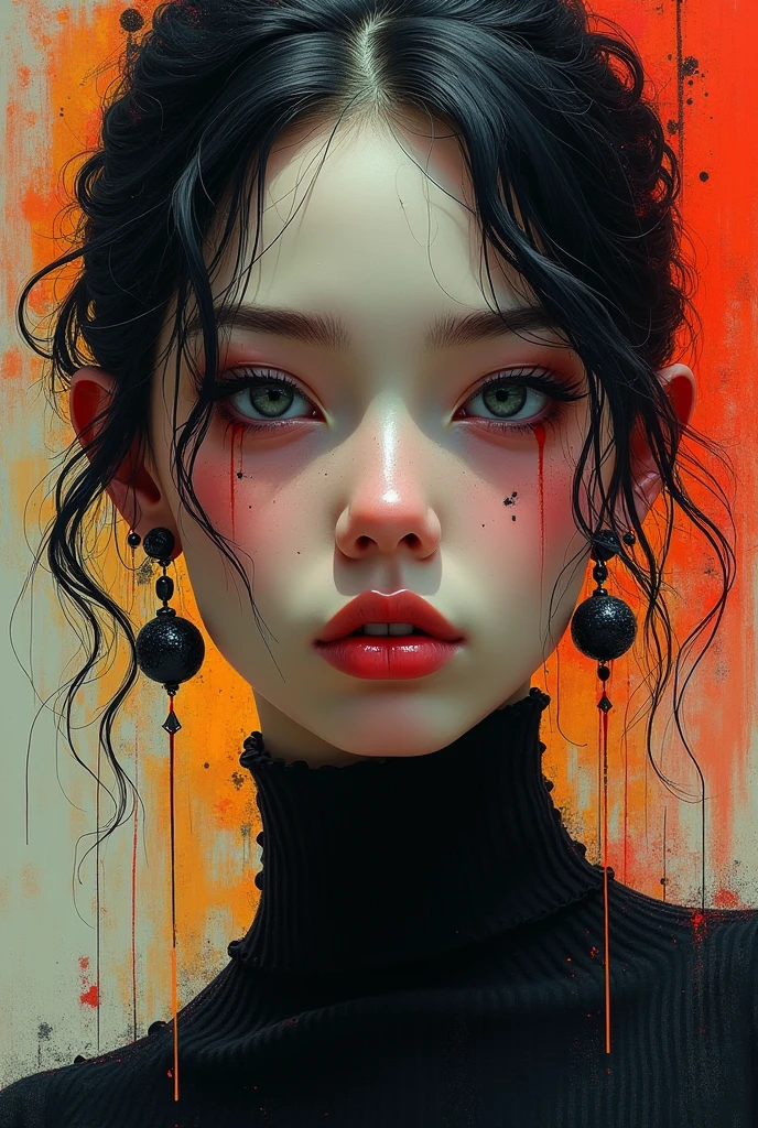 Style is similar to Grimly,Hans Hartung (Hans Hartung) 风格 Hans Hartung (Hans Hartung) Stunning artistic effects,{With text:"God is dead":1.8},1 girl,Charming eyes,Multiple earrings