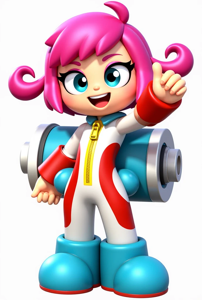 This character is a stylized, cartoonish figure with a vibrant and playful design, likely from a video game. Here’s a detailed description:

1. **Head and Face**:
   - The character has a large, rounded head typical of many cartoon characters. 
   - She has big, almond-shaped eyes with thick black eyelashes and black pupils, giving her a lively and expressive look.
   - Her hair is pink, cut in a short, straight style, with two prominent locks that curl inwards on either side of her face.
   - Her expression is confident and cheerful, with a small, smiling mouth.

2. **Helmet**:
   - She wears a helmet that covers the top and sides of her head. 
   - The helmet is primarily bright pink with a blue base. 
   - The top of the helmet features a playful design of a black smiley face, adding to her cheerful demeanor.

3. **Outfit**:
   - The character is dressed in a white jumpsuit with a high collar and long sleeves.
   - The jumpsuit is accented with bold red lines running down the sides of the arms and legs, as well as around the collar and cuffs.
   - There is a large, bright yellow zipper pull prominently displayed on the front of her outfit, which adds a functional and dynamic touch to her appearance.
   - The jumpsuit has a slightly puffy or padded look, suggesting it’s designed for protection or high-energy activities.

4. **Footwear**:
   - She wears bright blue boots that match the blue on her helmet. The boots are sturdy and seem practical for action-oriented tasks.

5. **Backpack/Device**:
   - Attached to her back is a large mechanical device that appears to be a toy-like cannon or launcher.
   - The device is designed in a playful style, painted in dark blue with a large white and red cartoon face on it, giving it a character-like appearance.
   - The device has two large black wheels with a tread pattern, hinting that it can move or be rolled.

6. **Pose and Stance**:
   - She is posed with one arm raised and bent at the elbow, suggesting confidence or rea