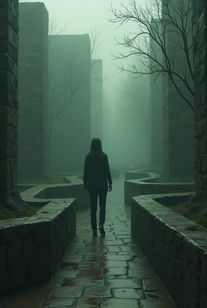 Create an image with reference to this phrase " I keep circling through a labyrinth where I always end up facing the same mirror"