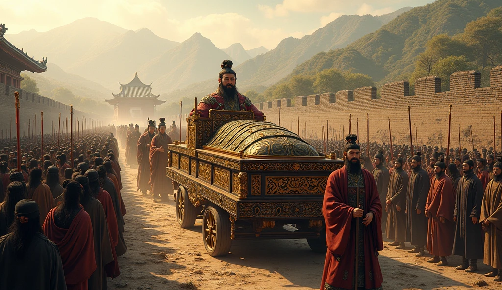 Show the funeral procession of Qin Shi Huang, with his body being carried in a grand, elaborately decorated palanquin. The scene should convey a sense of finality and grandeur, with mourners and soldiers lining the path. In the distance, the Great Wall and the Terracotta Army should be visible, symbolizing the enduring legacy of his reign. The atmosphere should be somber and reflective, highlighting the contrast between his quest for immortality and the inevitability of death."