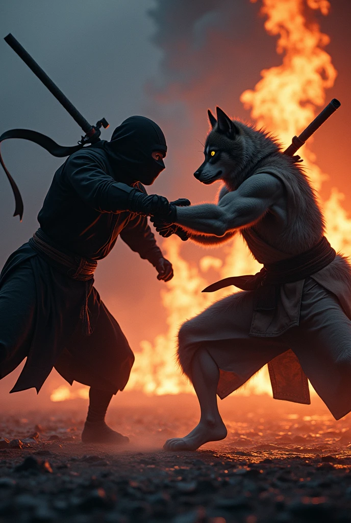 Deep shadows accentuate the ferocity of the battle.、, the two clash fiercely with their swords,。. Wide-angle shots from a 35mm lens、, The fierce battle between the feline ninja and the canine ninja is brought to life.。. The feline ninja,、with sharp eyes,、blending into the inky black night sky.、poised in a lithe body.。, the canine ninja's powerful muscles,、, Against the backdrop of a night sky ablaze with flames,、, each movement is、brimming with focus and agility,、. amidst the tense atmosphere of night.、, The full scope of the fierce battle,、capturing its grand scale.、. cast dramatic shadows from the raging flames across the entire battlefield.。, Real textures and vivid colors confront、. The lighting is dynamic, Photorealistic images。. Images are rendered in high resolution, 8k, The flickering light of the flames illuminates the action.、.