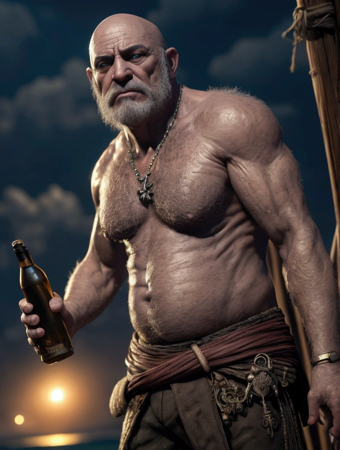 Mature pirate, 60 years old, stern and domineering facial expression, muscular chubby body, bald head, gray short beard, very hairy chest and big belly, small nipples, large muscular and hairy arms and legs, drunk, naked, thick penis, walking along at night seashore, the moon is shining, reflections on the water, palm trees, a bottle of rum in one hand, a pistol in the other hand, side full body view, (best quality, 4k, 8k, high, masterpiece: 1.2), ultra detailed, ( realistic, photorealistic, photorealistic: 1.37), detailed face, intricate details, cinematic lighting, dramatic lighting, cinematic angle, cinematic pose, dark shadows, dramatic shadows