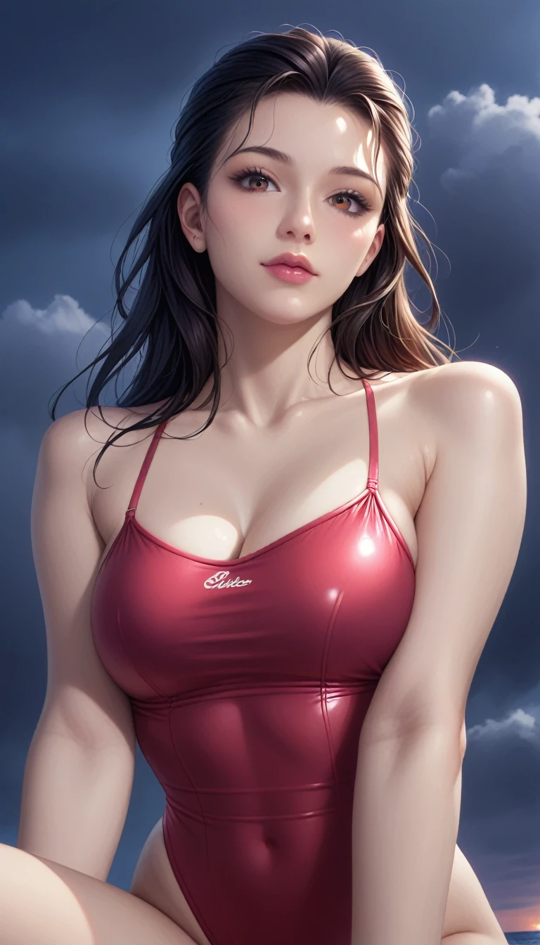 score_9, score_8_superior, score_7_superior, High-resolution CG illustration,A masterpiece in 32K resolution,Highest quality,it is really amazing,Very detailed,Ultra-high resolution,Ultra-realistic,Realistic,Increased depth of field,Cinematic lighting,
Sexy mature Japan woman,
Long black hair,Showing his forehead,Ultra-detailed and beautiful face,Calm and gentle look,Beautiful brown eyes,Translucent white skin,Realistic skin texture,Great proportions,
Elegant red swimsuit,
Simple design,Chic color scheme based on red,Detailed fabric texture,
(Dark overcast sky on a dull night:1.1),(Dark clouds filling the sky:1.1),Thundercloud,Coastline at night,Stormy seas,delay々A desolate sandy beach that continues,
Kneeling on the sand,Low - Angle,