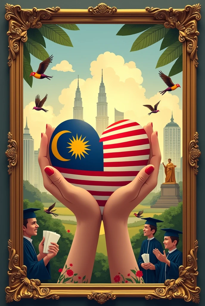 Two Big hand holding a heart made caring of malaysia flag
Surrounding by :
- birds represent freedom
- graduation people wearing hat holding scroll represent intelligence
- big building malaysia petronas , a famosa, merdeka square, king palace
- tengku abdul rahman shouting merdeka
- add gold frame antique outer line for illust
- malaysia flag
- big monuments malaysia