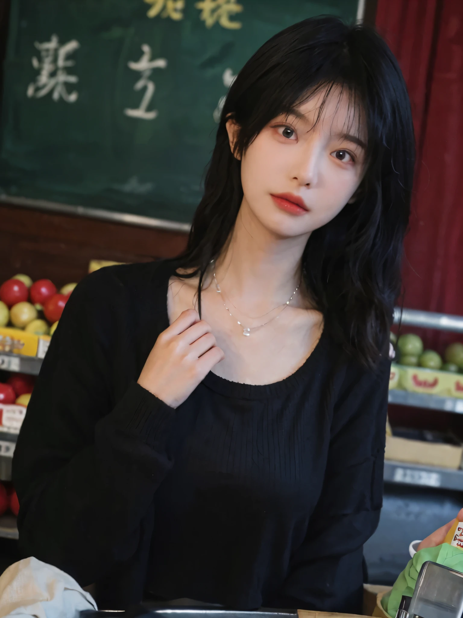 Best quality,Ultra-high resolution,(Realism:1.4),Cute hairpins,girll,Cropped black sweater,Look directly at the audience,Full of atmosphere,Beautiful woman with a slim figure:1.4,supermarket,whole body,Super delicate face,Exquisite eyes,Double eyelids,necklace