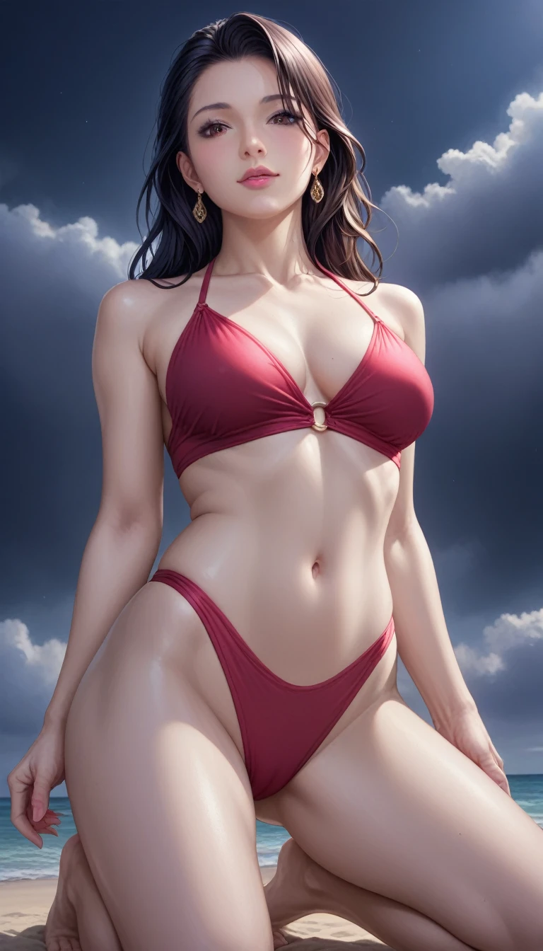 score_9, score_8_superior, score_7_superior, High-resolution CG illustration,A masterpiece in 32K resolution,Highest quality,it is really amazing,Very detailed,Ultra-high resolution,Ultra-realistic,Realistic,Increased depth of field,Cinematic lighting,
Sexy mature Japan woman,
Long black hair,Showing his forehead,Ultra-detailed and beautiful face,Calm and gentle look,Beautiful brown eyes,Translucent white skin,Realistic skin texture,Great proportions,
Elegant red swimsuit,
Simple design,Chic color scheme based on red,Detailed fabric texture,
(Dark overcast sky on a dull night:1.1),(Dark clouds filling the sky:1.1),Thundercloud,Coastline at night,Stormy seas,delay々A desolate sandy beach that continues,
Kneeling on the sand,Low - Angle,