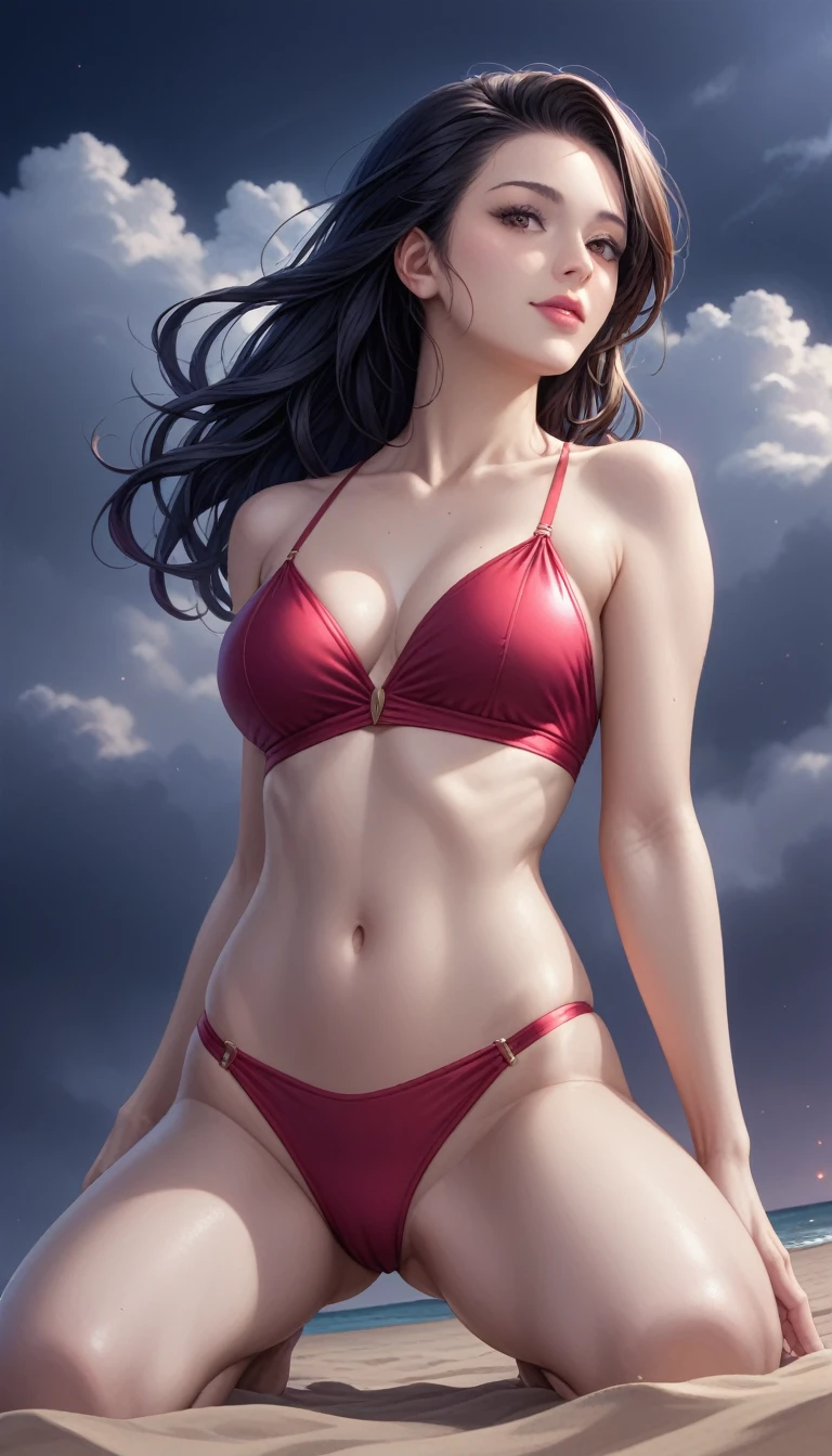 score_9, score_8_superior, score_7_superior, High-resolution CG illustration,A masterpiece in 32K resolution,Highest quality,it is really amazing,Very detailed,Ultra-high resolution,Ultra-realistic,Realistic,Increased depth of field,Cinematic lighting,
Sexy mature Japan woman,
Long black hair,Showing his forehead,Ultra-detailed and beautiful face,Calm and gentle look,Beautiful brown eyes,Translucent white skin,Realistic skin texture,Great proportions,
Elegant red swimsuit,
Simple design,Chic color scheme based on red,Detailed fabric texture,
(Dark overcast sky on a dull night:1.1),(Dark clouds filling the sky:1.1),Thundercloud,Coastline at night,Stormy seas,delay々A desolate sandy beach that continues,
Kneeling on the sand,Low - Angle,