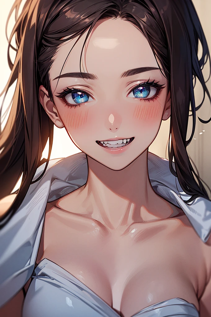 (「100」I'm holding a towel with writing on it.),masterpiece,(Lovely, retina, masterpiece, Accurate, Anatomically correct, Beautiful Skin, Very detailed, Advanced Details, high quality, 最high quality, High resolution, 1080P, High resolution), (Upper body close-up),(Beautifully detailed eyes wide open))), Thick and beautiful lips, (((Beautiful teeth alignment)))、Very detailed目と顔), Studio Lighting, Bright colors, (Beautiful breasts:1.8, Slender body), ((White dental scrubs)), (Portraiture, Shiny Hair, Glowing Skin, blush), Eye Reflexes, Smile with your mouth closed