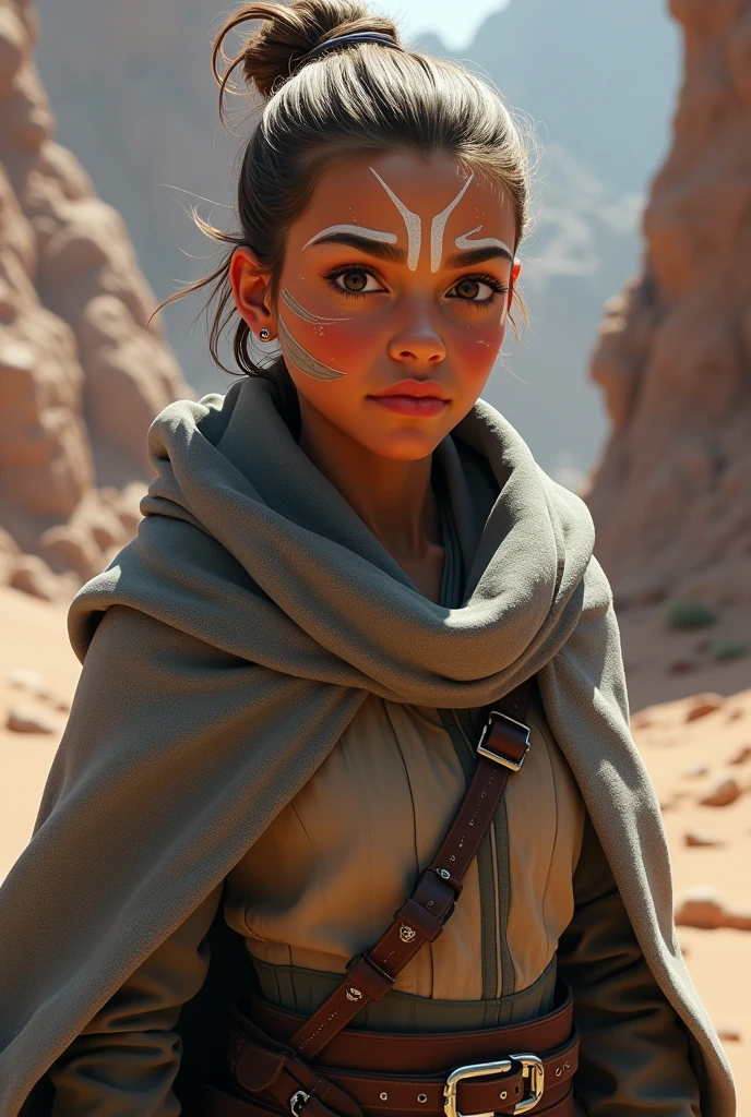 A young adult jedi,  Ashoka TANO, on  adventure, with lots of scars on hee face, her hair in a bun wearing a grey cloak with an adventures outfit underneath 