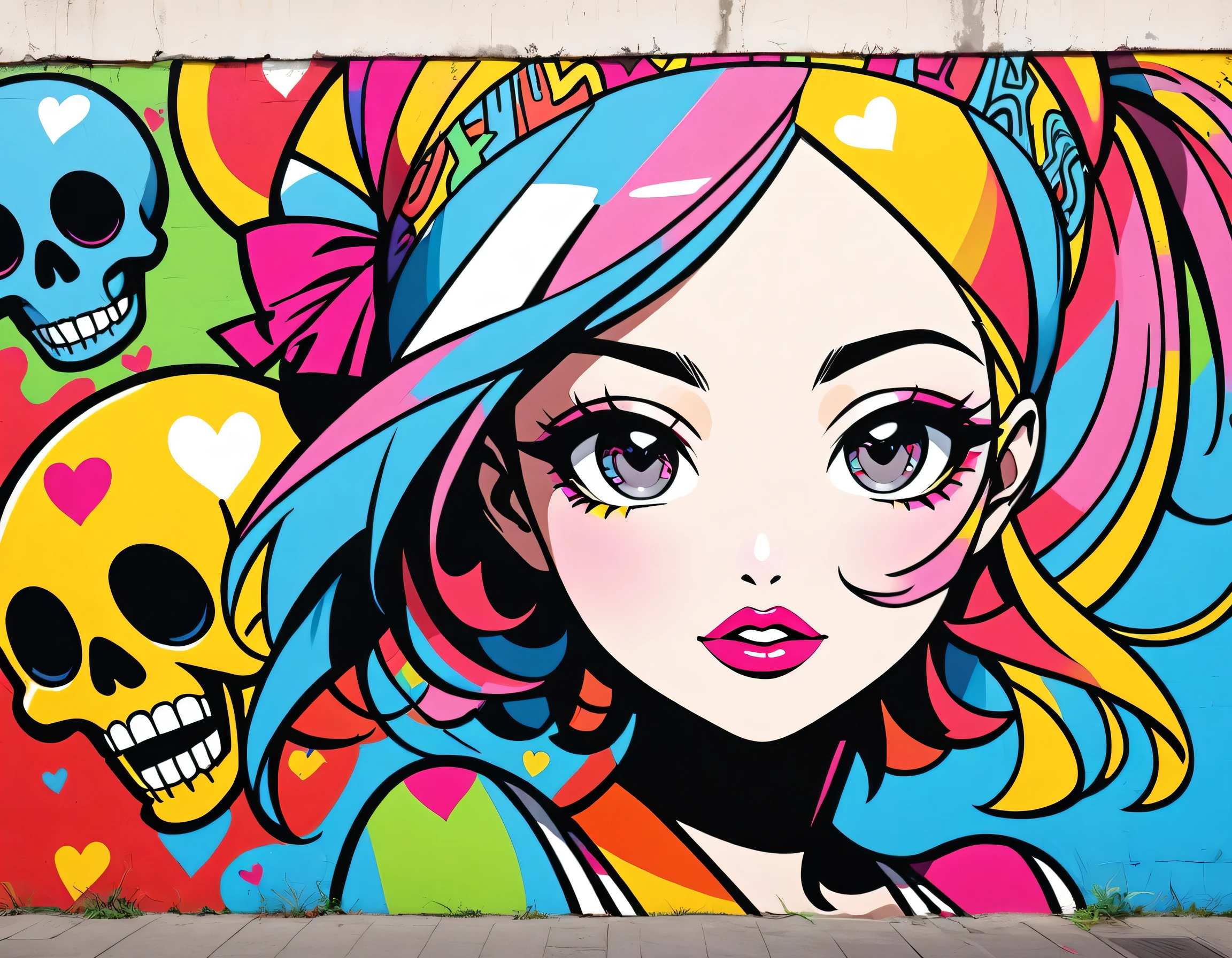 Ultra-realism Keith Haring colorful style, Simple Line Initialism,Abstract art,(((The most beautiful girl of all time))), Sweet face. Lips in love, colorful hearts, stylish design, Summer Skull fashion, Dark Eyes, Graffiti on the wall