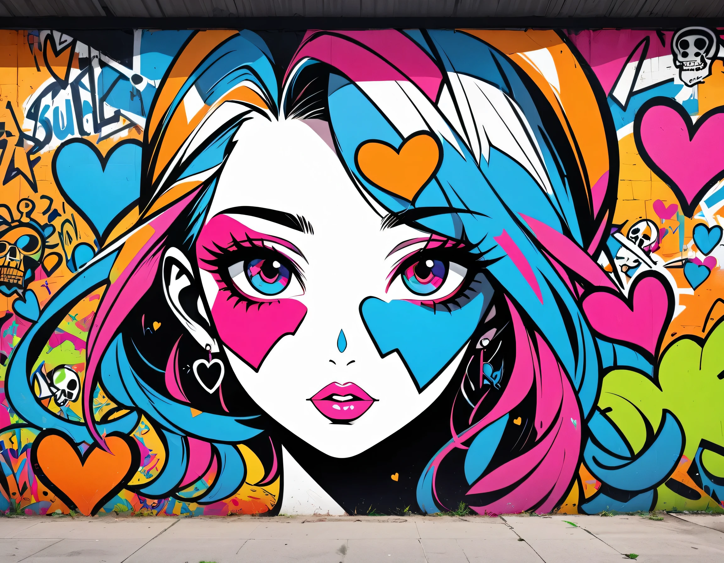 Ultra-realism Keith Haring colorful style, Simple Line Initialism，Abstract art，(((The most beautiful girl of all time))), Sweet face. Lips in love, colorful hearts, stylish design, Summer Skull fashion, Dark Eyes, Graffiti on the wall
