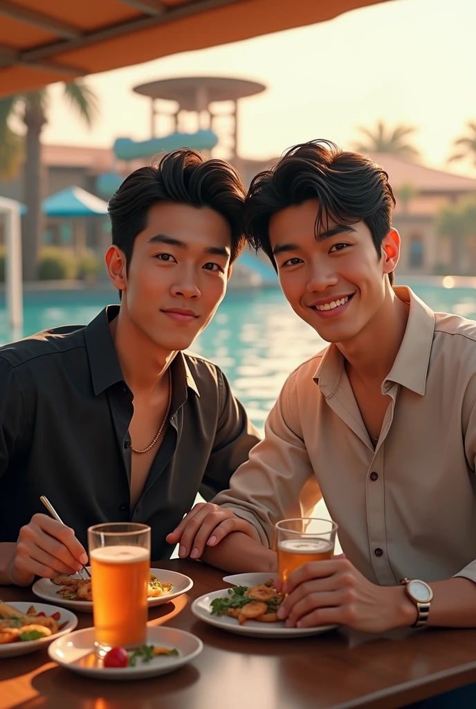 A realistic of two stylish young man sitting on dyning table having their lunch with fair skin,Balck hair and black eyebrows with soft smile, high resolution, iphone 14 pro max , focus on details skin, behind the seen water park with low light sun reflection.,