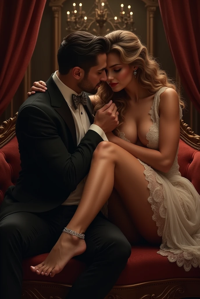 A man is kissing a woman's foot.