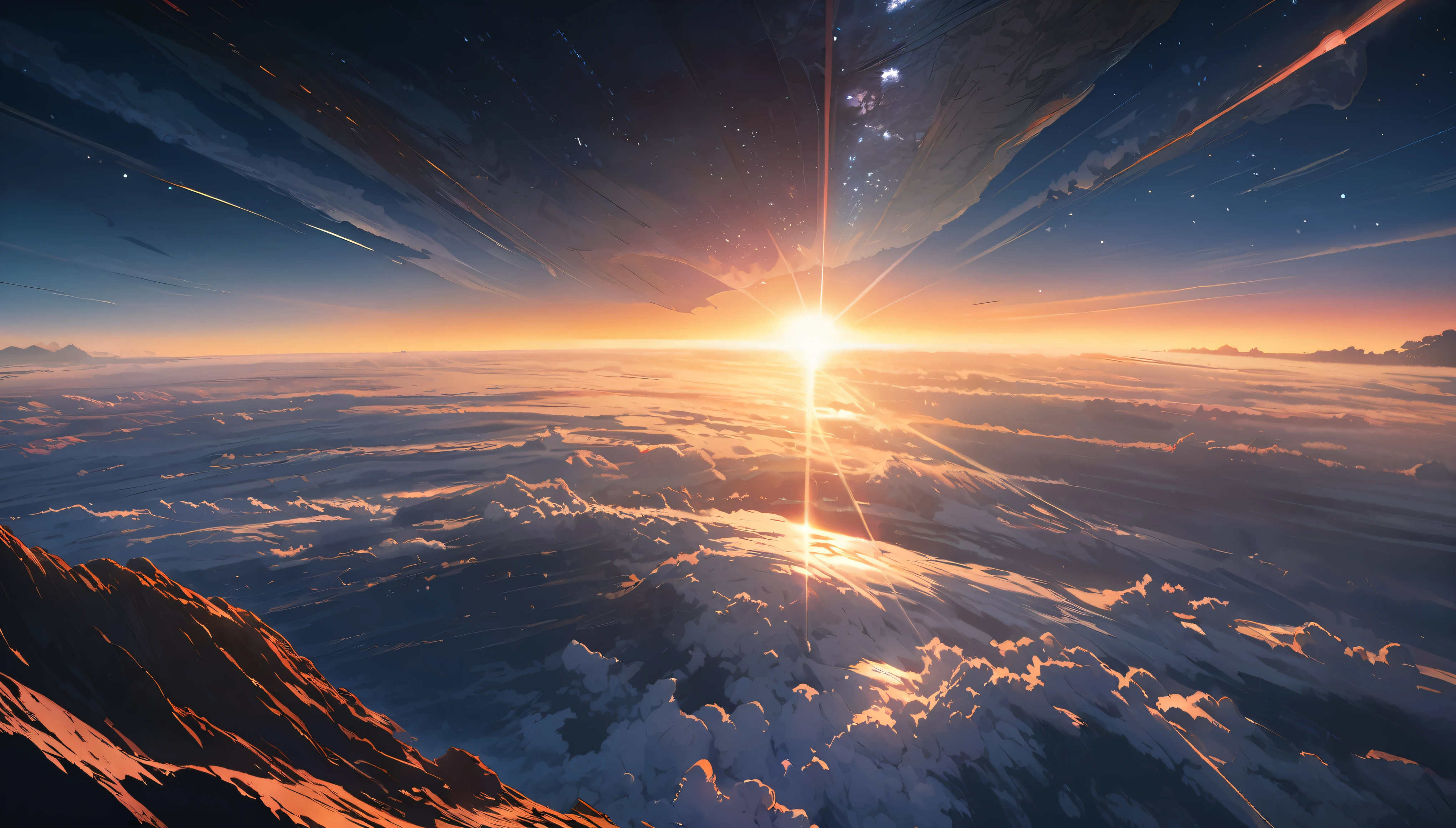 ultra detailed, 16k, master piece, in the space, earth, sunrise, sun, horizon