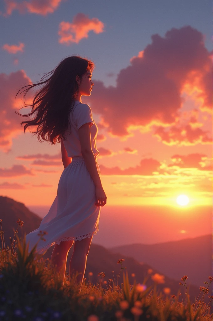 make photo of girl standing under sunset watching the sun set enjoying the breeze