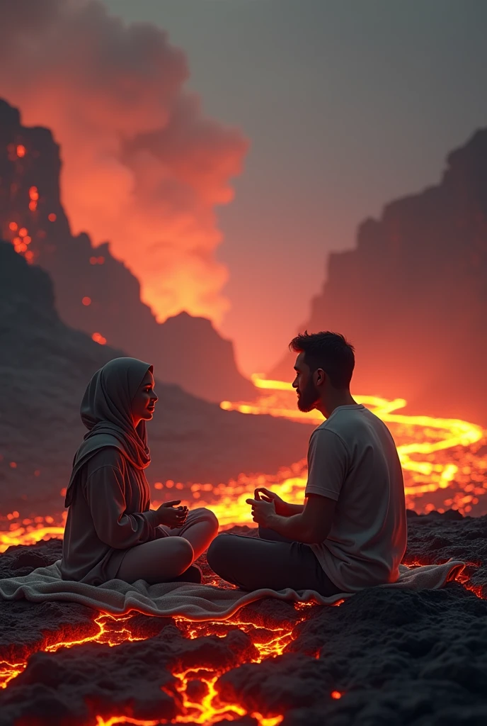 1 girl in hijab, 1 man, picnic on lava surface, lava flow, dramatic lighting, (best quality,4k,8k,highres,masterpiece:1.2),ultra-detailed,(realistic,photorealistic,photo-realistic:1.37),highly detailed faces and expressions,extremely detailed eyes and lips,dramatic shadows and highlights,dramatic lighting,vibrant colors,cinematic composition,magical atmosphere,fantasy landscape,volcanic eruption,molten lava,dramatic sky,dramatic clouds