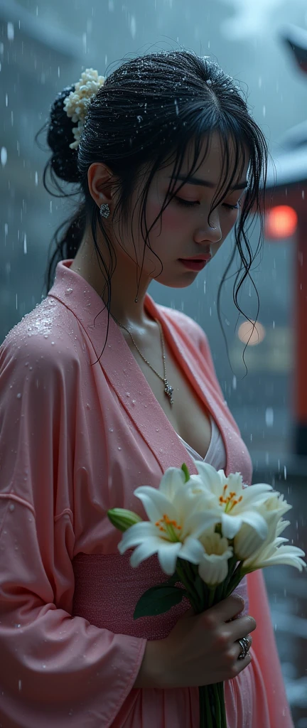 (32K:1.9, Highest quality, masterpiece, Ultra-high resolution), ((((heavy snow, Blizzard)))), Highly detailed skin and facial textures:1.3, Perfect dynamic composition:1.2, (Shrine at night in a modern city, Expressions of sadness:1.0, Tears flow:1.0, Crying with a broken heart:1.0), Slim office lady wet with rain:1.3, Cowboy Shot, Fair skin:1.2, Sexy beauty:1.1, Perfect Style:1.2, beautifully、aesthetic:1.1, Very beautiful face:1.2, Water droplets on the skin, (Rain dripping down on my body:1.2, Wet body:1.2, Wet Hair:1.3), (Professional kimono dressing:1.1, Holding a bouquet of wet lilies:1.2, Wearing a wet pink kimono correctly:1.3), (Mid-chest, Bra is sheer, Chest gap), (Beautiful erotic eyes:0.9, Too erotic:0.9, Fascinating:0.9), necklace, Earrings, bracelet, wedding ring, Highly detailed hands and fingers