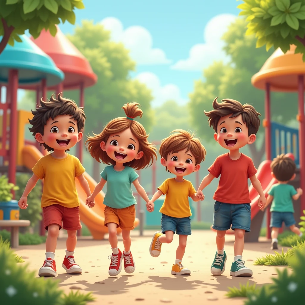  boys and girls holding hands playing and laughing together in a playground