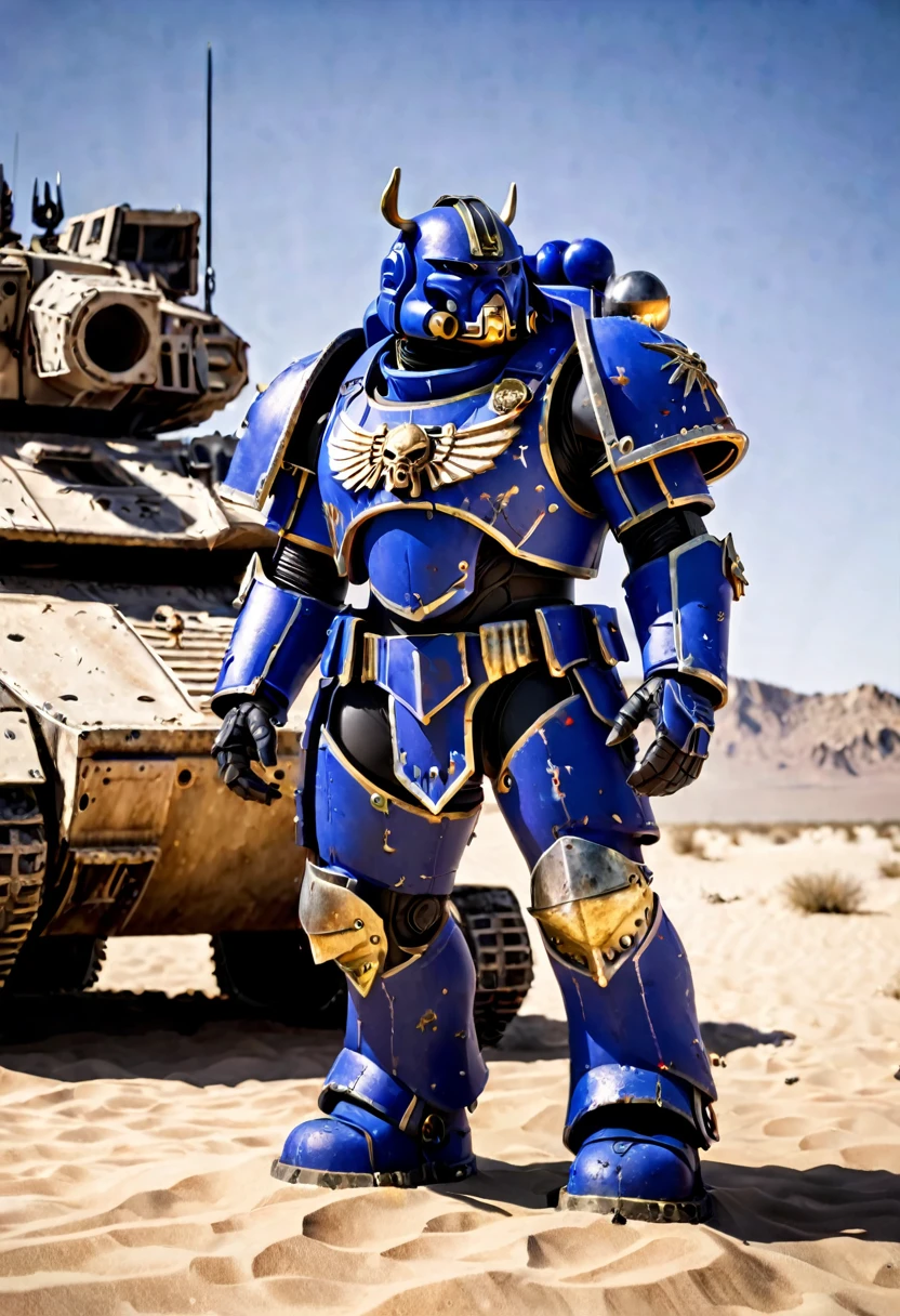 warhammer 40k, Ultramarine Space marine helmet off (grim, battle scarred) standing next to a 'Rhino' combat tank (battle scarred, glamour shot from low angle, Windy  desert daytime