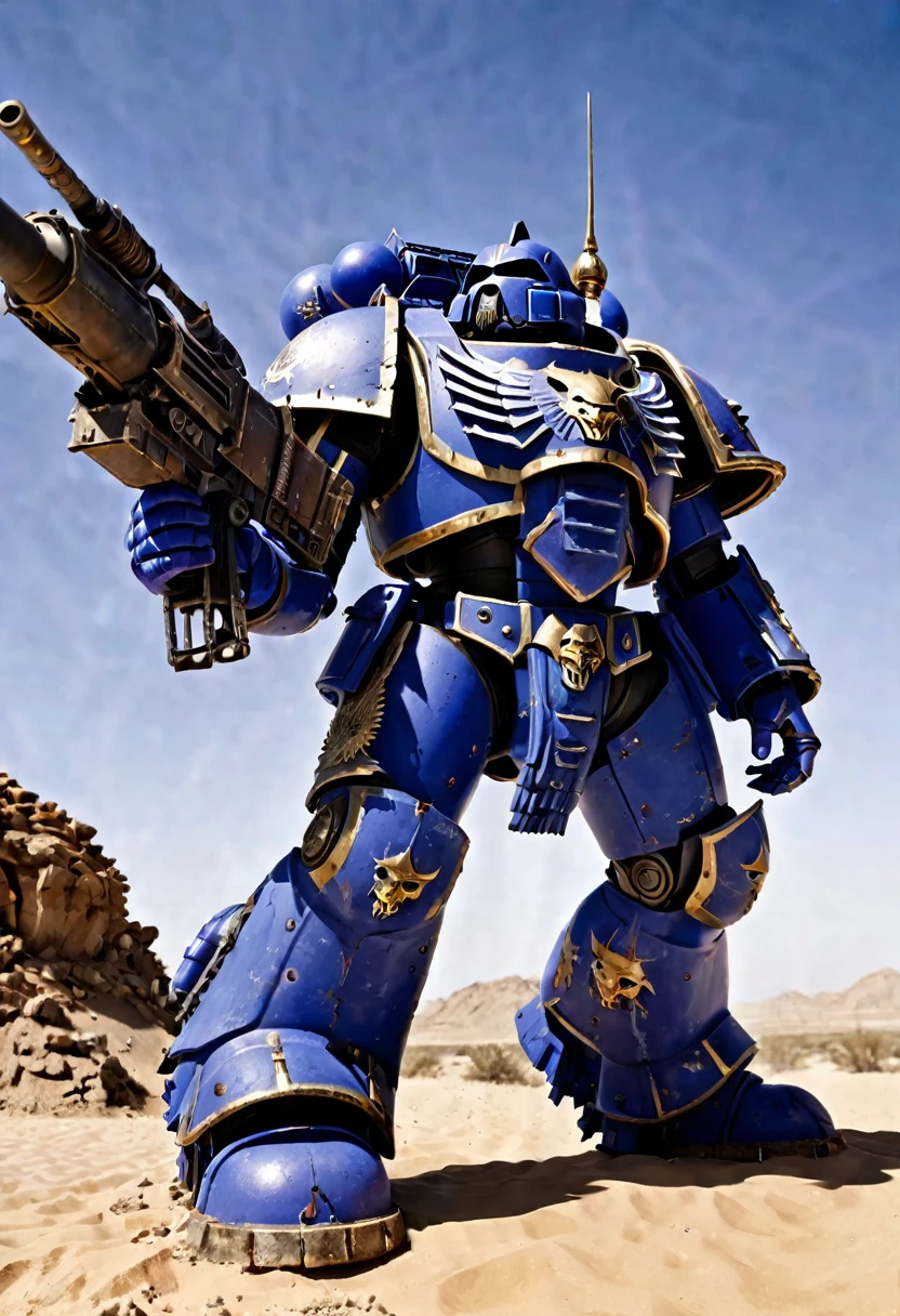 warhammer 40k, Ultramarine Space marine helmet off (grim, battle scarred) standing next to a 'Rhino' combat tank (battle scarred, glamour shot from low angle, Windy desert daytime