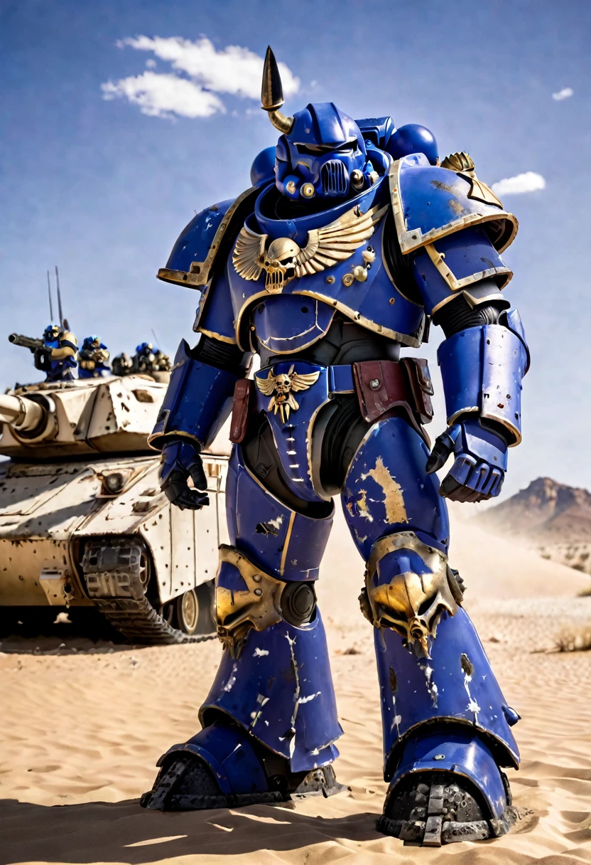 warhammer 40k, Ultramarine Space marine helmet off (grim, battle scarred) standing next to a 'Rhino' combat tank (battle scarred, glamour shot from low angle, Windy  desert daytime